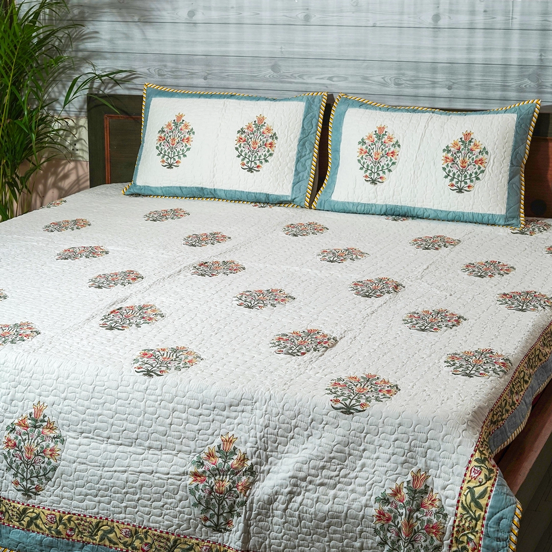Mughal Floral Block Print Quilted Bedcover