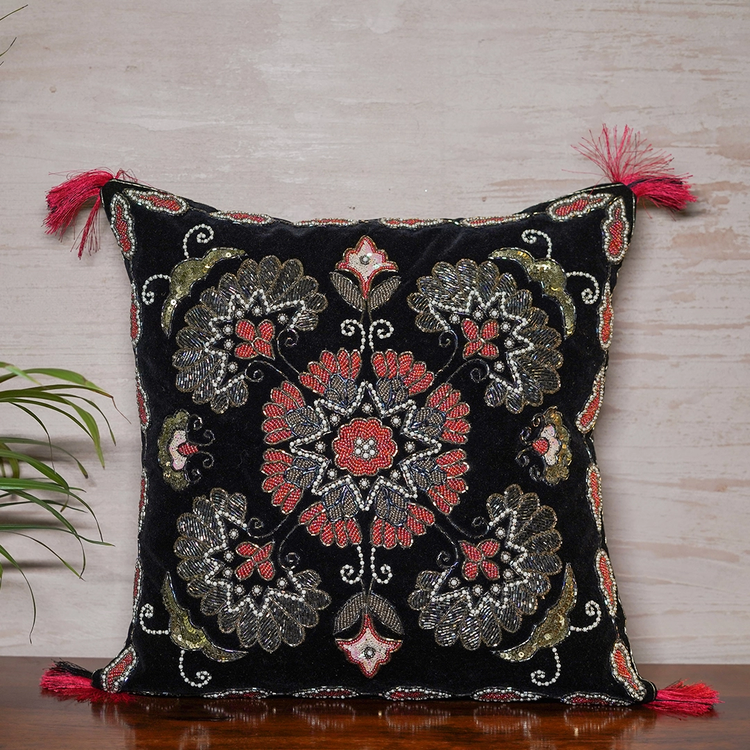 Midnight Bloom Zardozi & Beaded Cushion Cover