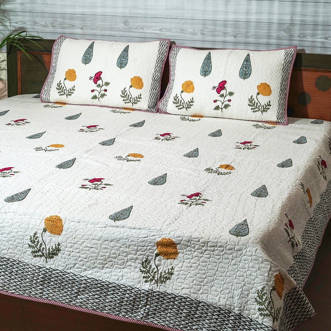 Marigold & Paisley Handblock Quilted Bedcover