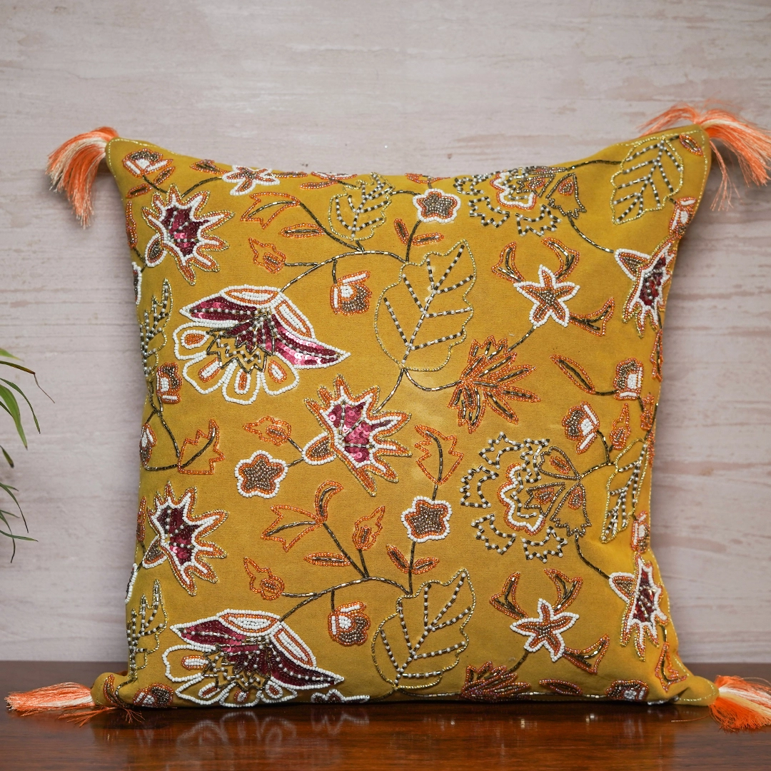 Golden Zest Zardozi & Beaded Cushion Cover 