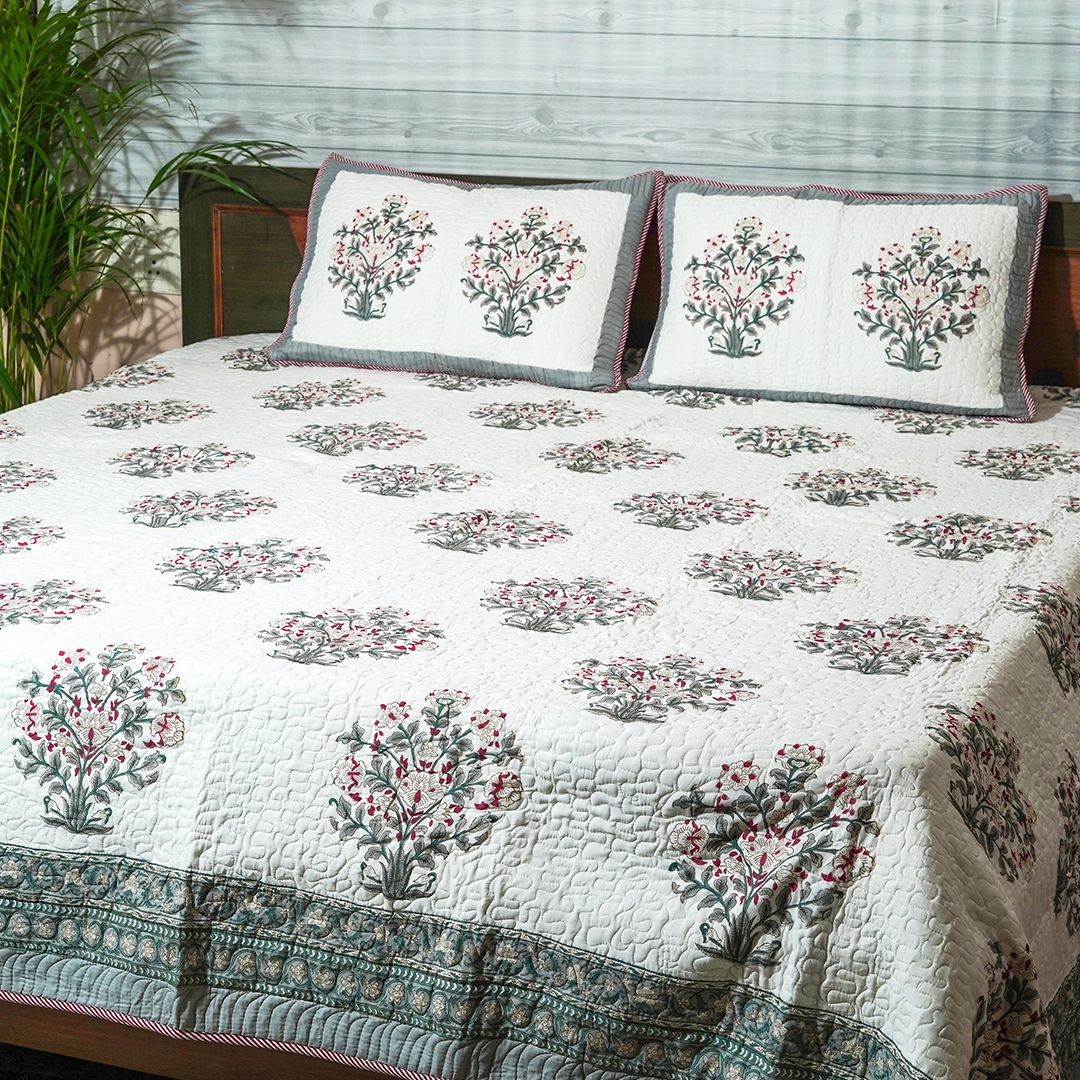 Mughal Blossom Handblock Quilted Bedcover