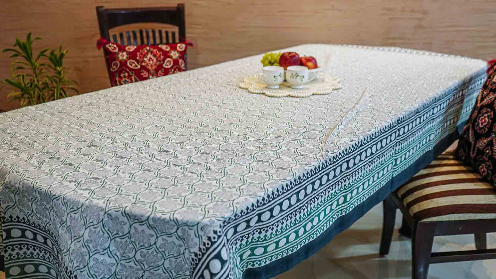 Midnight Green & White Block Print  6 Seater Dining Table Cover