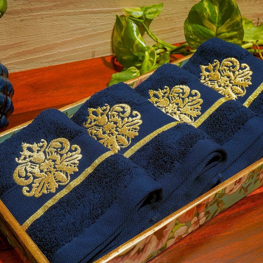 Embroidered Golden Flora Face Towels Set of 4