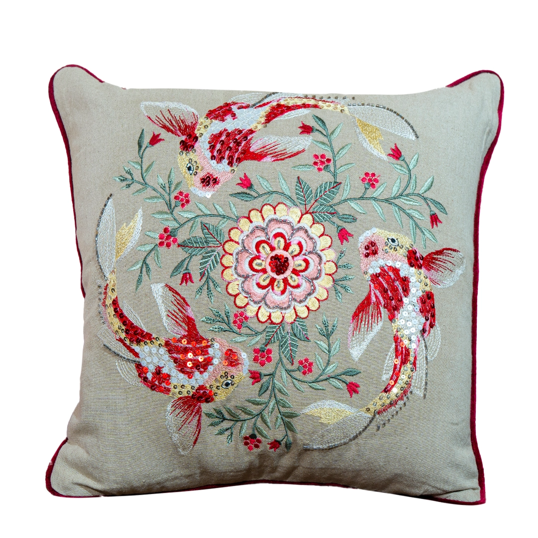 Embroidered Koi Fish Cushion Cover