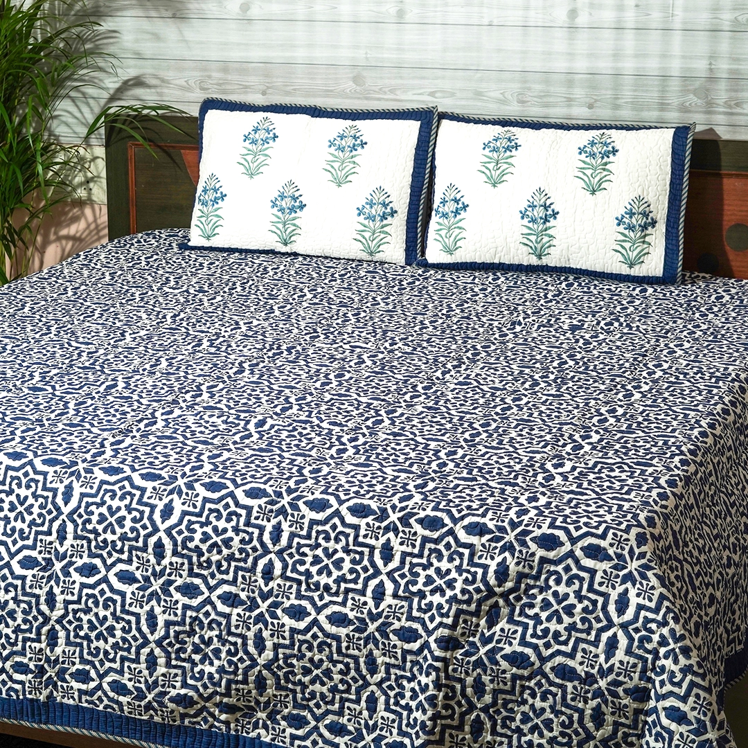 Floral and Geometric Handblock Quilted Bedcover 