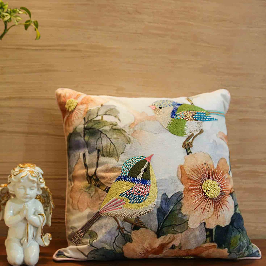 Embroidered Songbird Cushion Cover