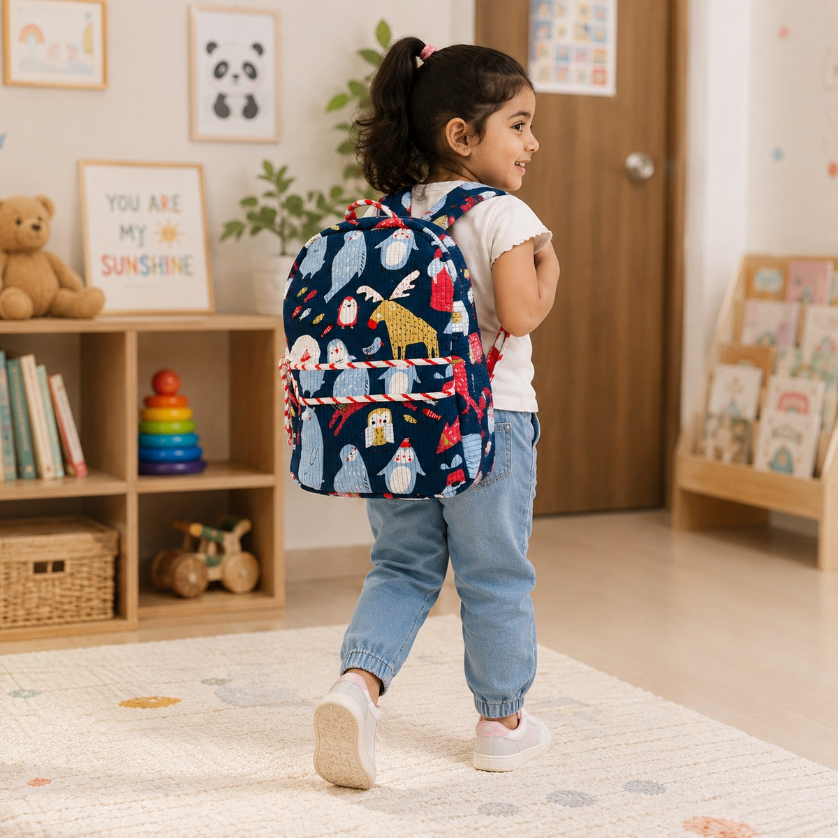 Quilted Cotton Animal Print Backpack – Dark Blue