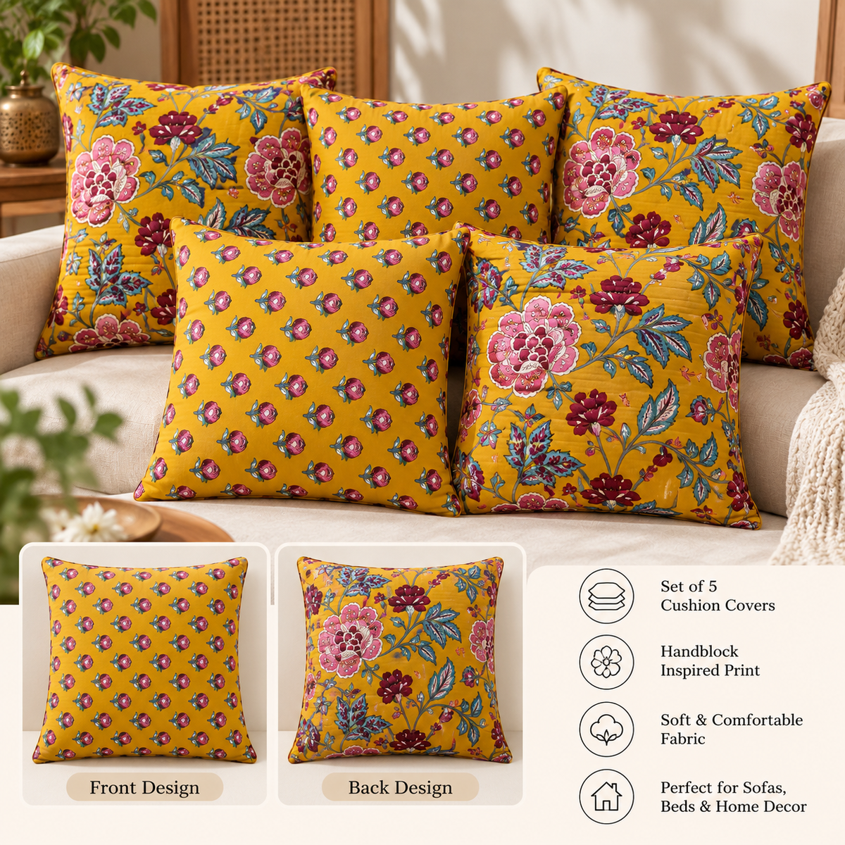 Handblock Printed Cushion Covers (Set of 5)