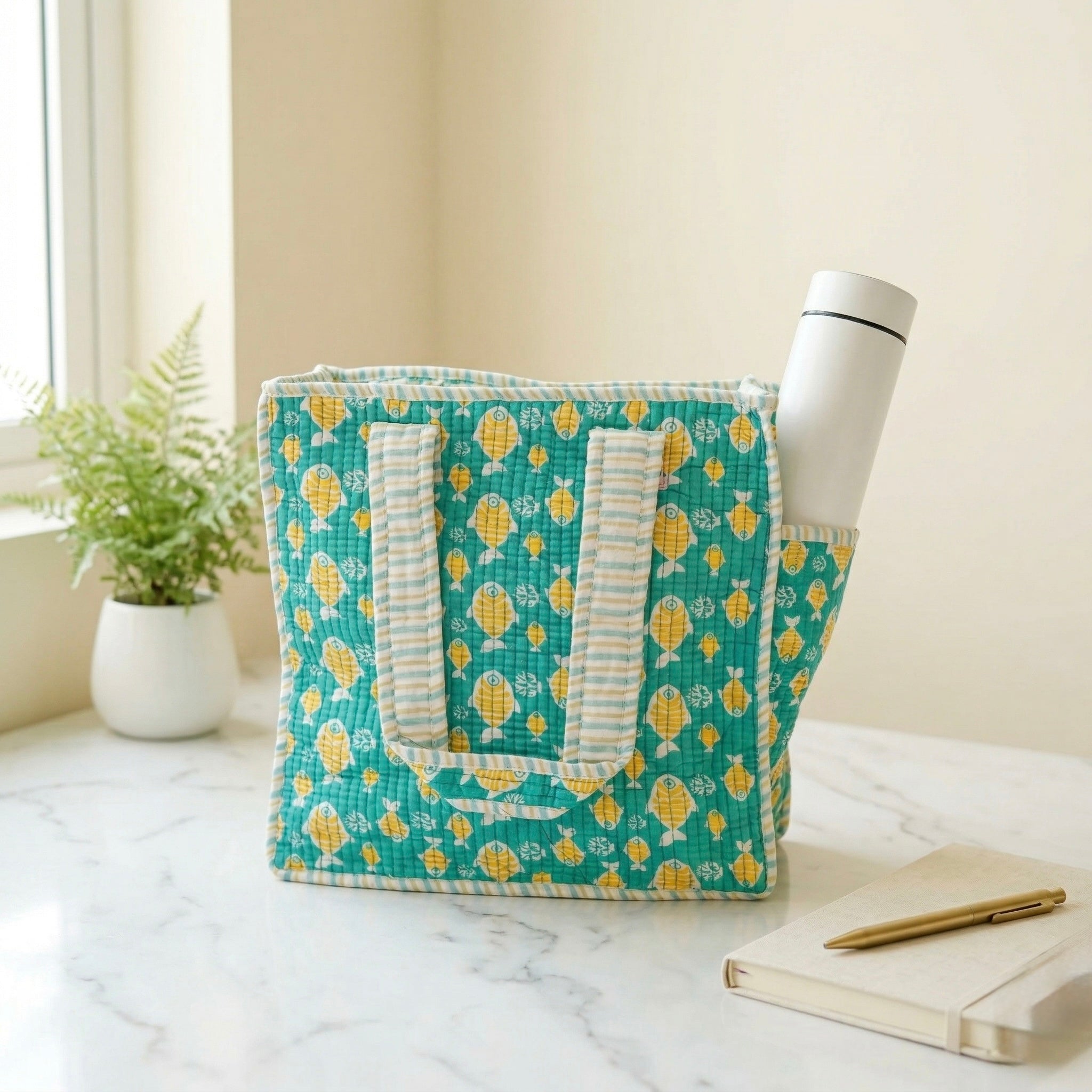 Aqua Fish Quilted Cotton Mini Tote Bag
