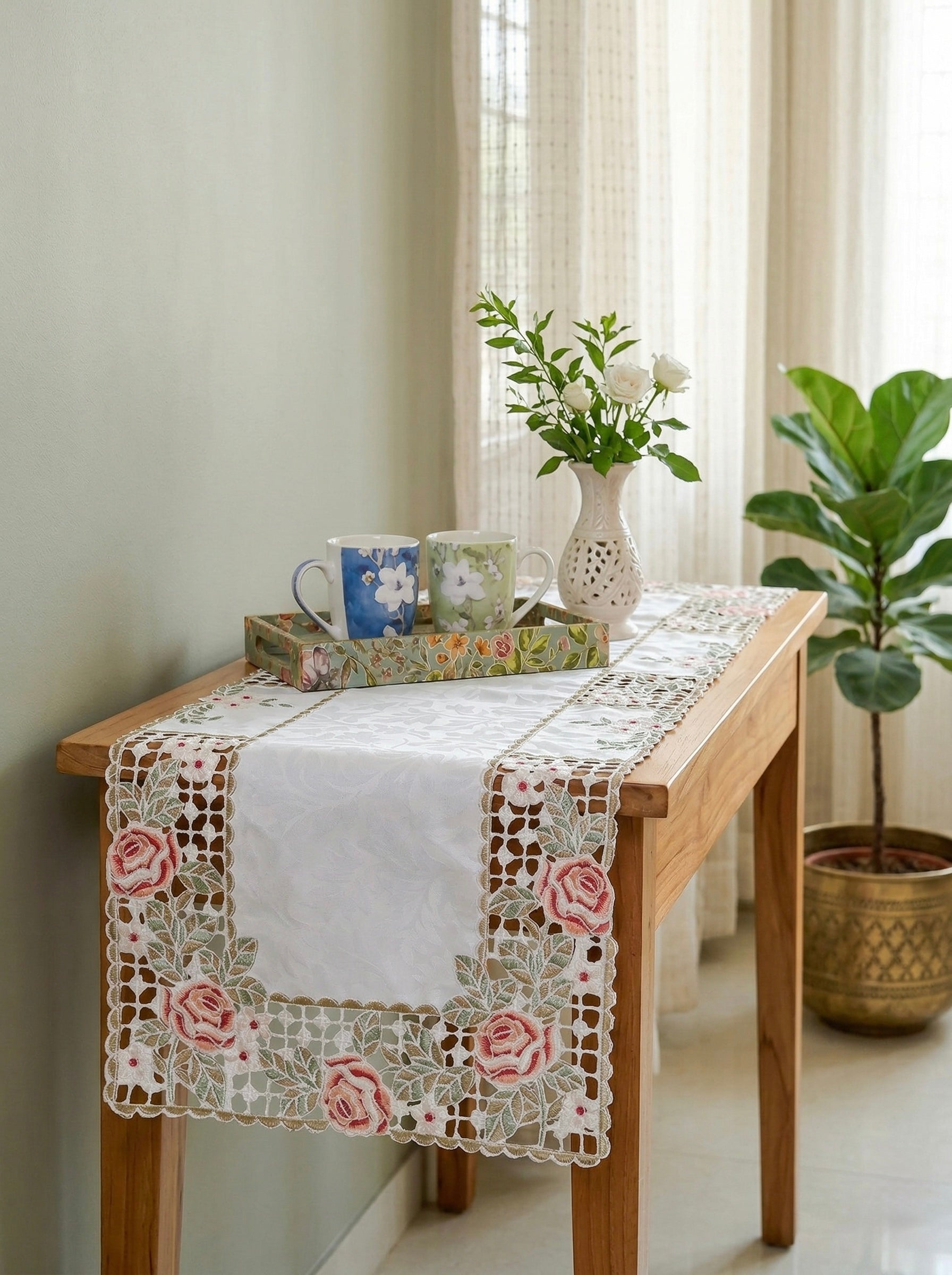 Gulab Lace Cutwork Satin Table Runner