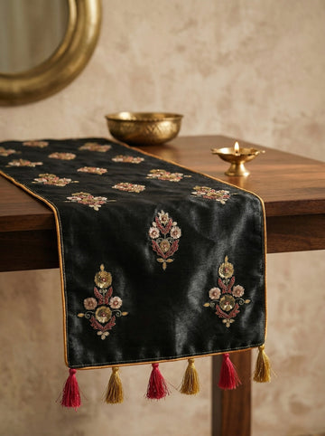 Awadhi Bloom Embroidered Silk Table Runner