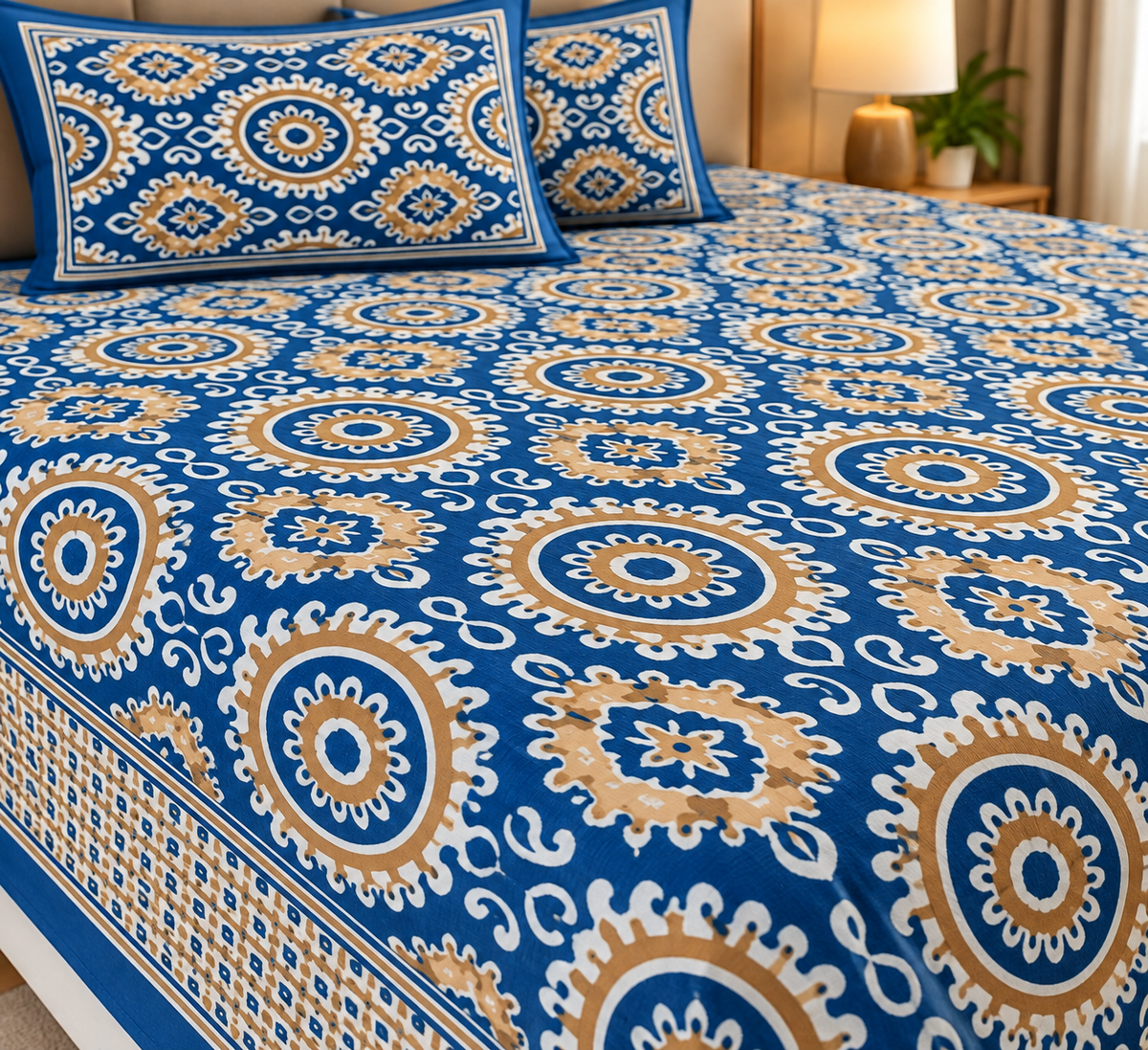 Blue & Beige Ikat Print Cotton Bedsheet