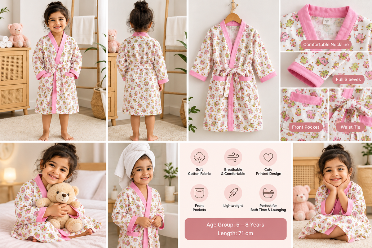 kids Printed Cotton Bathrobe (Ages 5–8 Years)