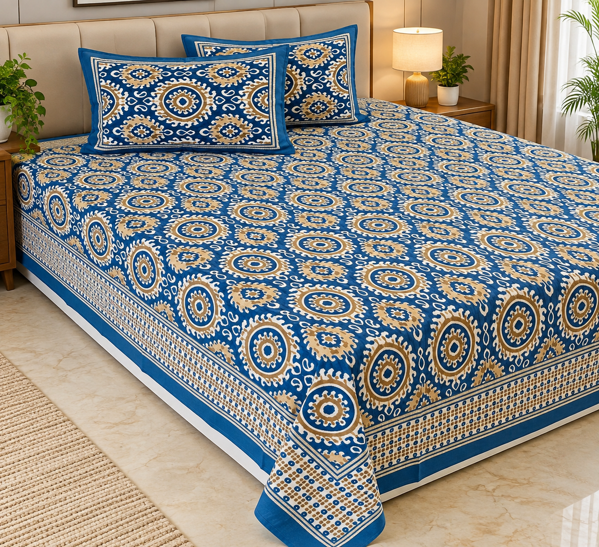 Blue & Beige Ikat Print Cotton Bedsheet