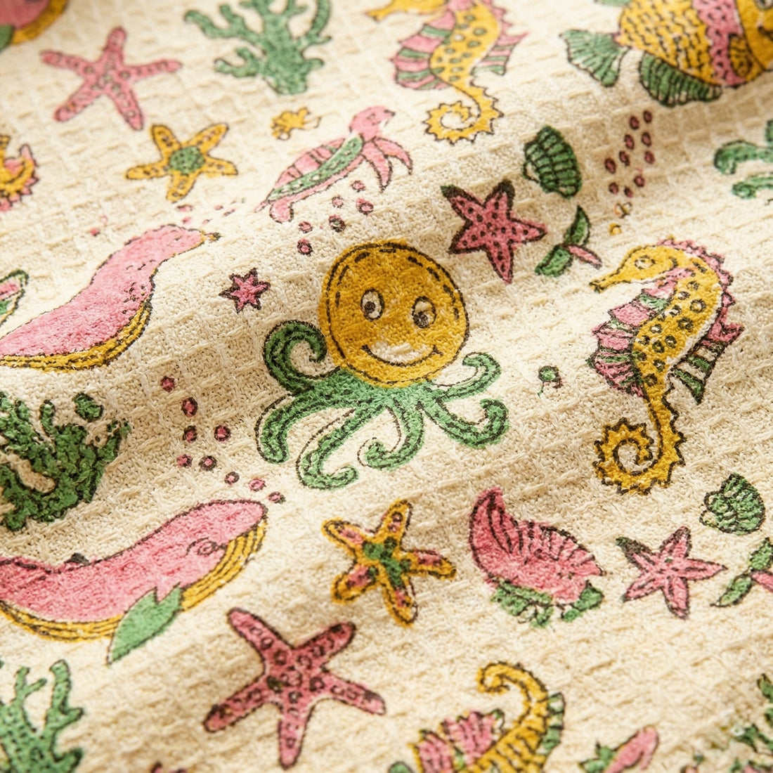 Seaside Handblock Waffle Cotton Kids Bath Towel