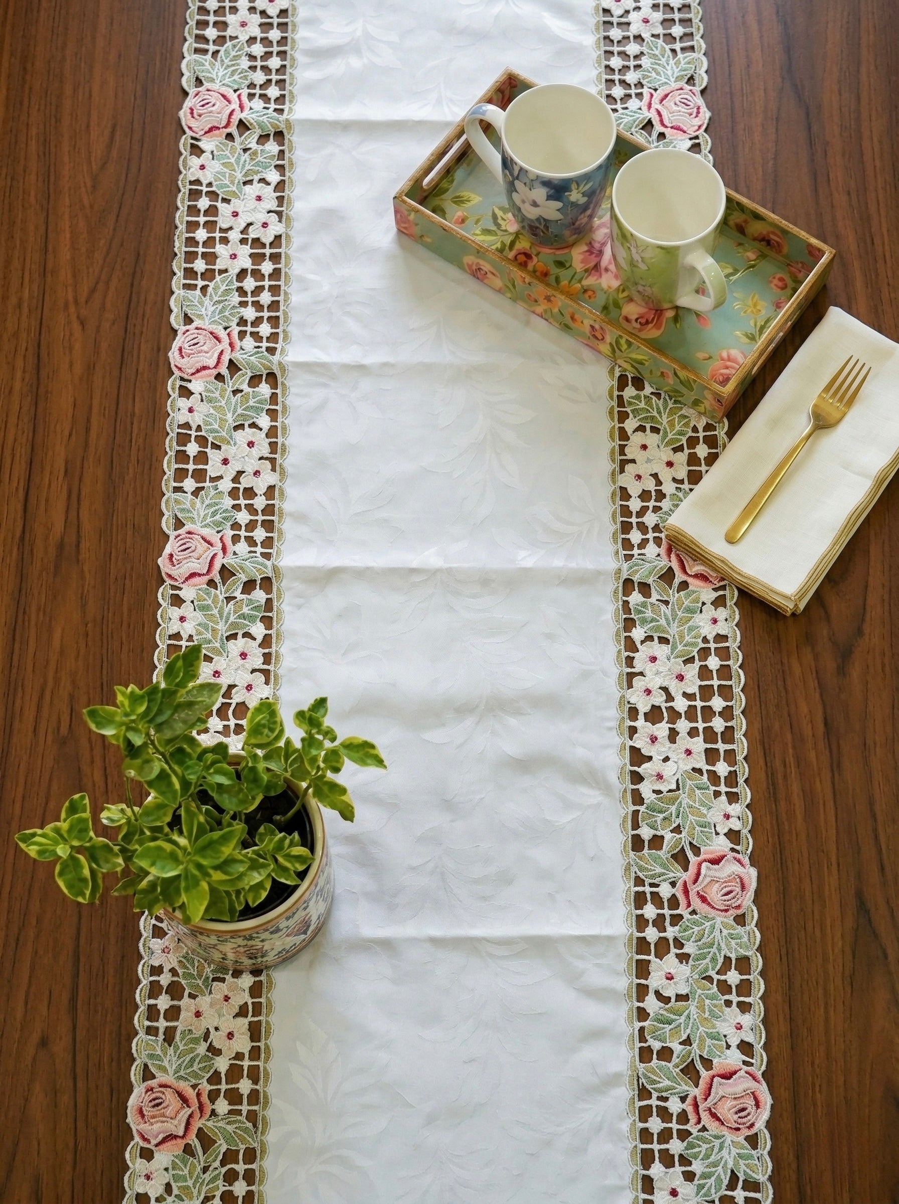 Gulab Lace Cutwork Satin Table Runner