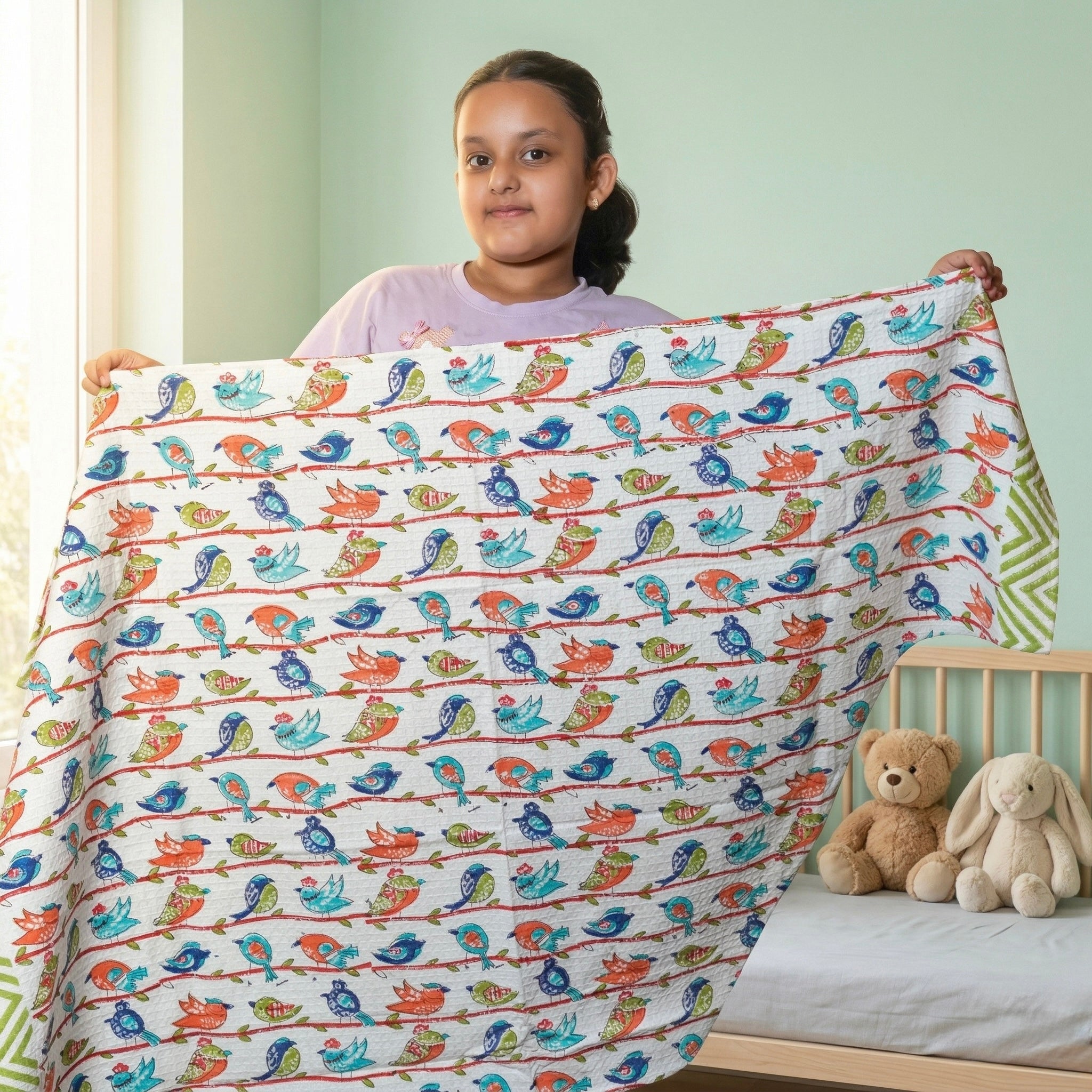 Chirpy Birds Handblock Waffle Cotton Kids Bath Towel