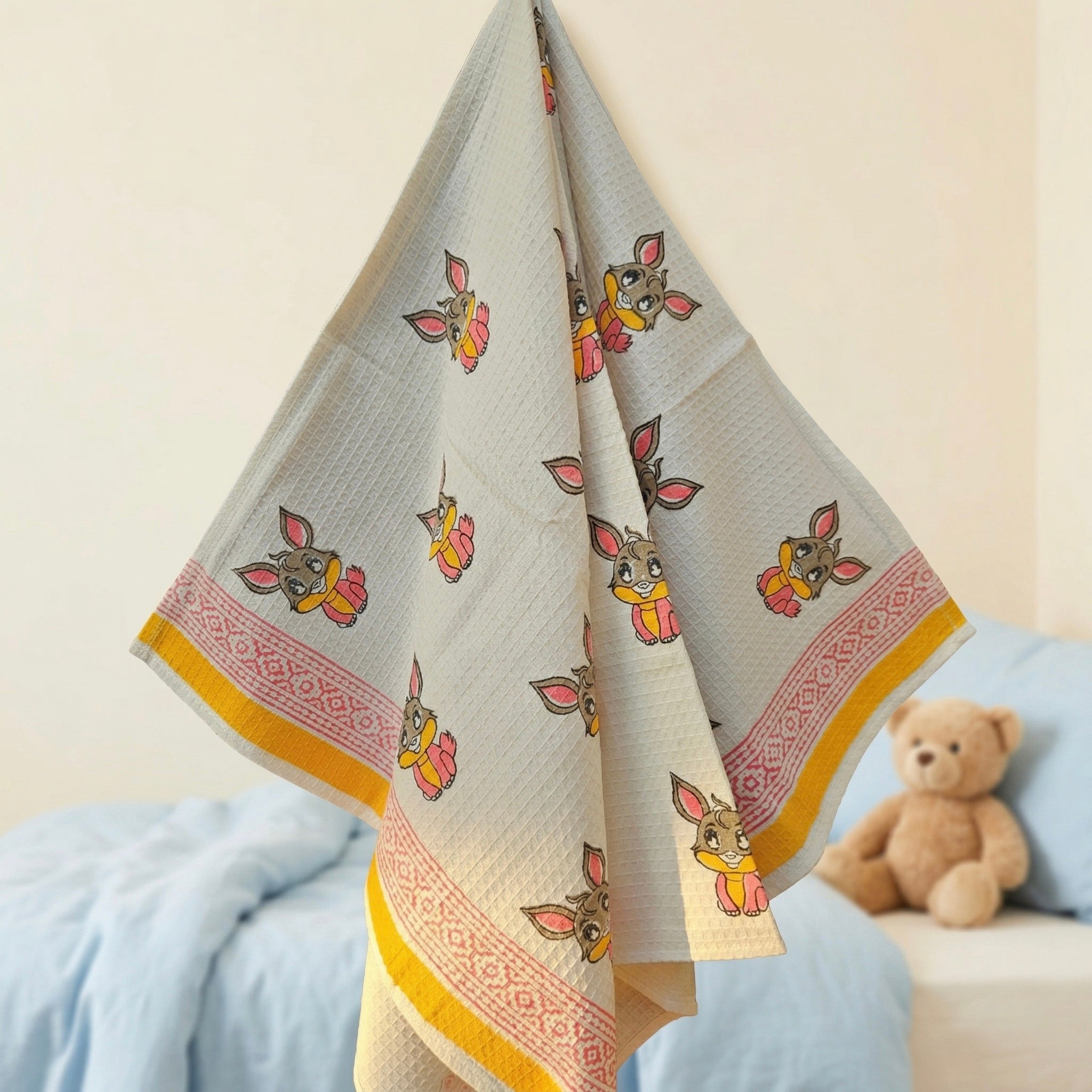Bunny Bliss Handblock Waffle Cotton Kids Bath Towel