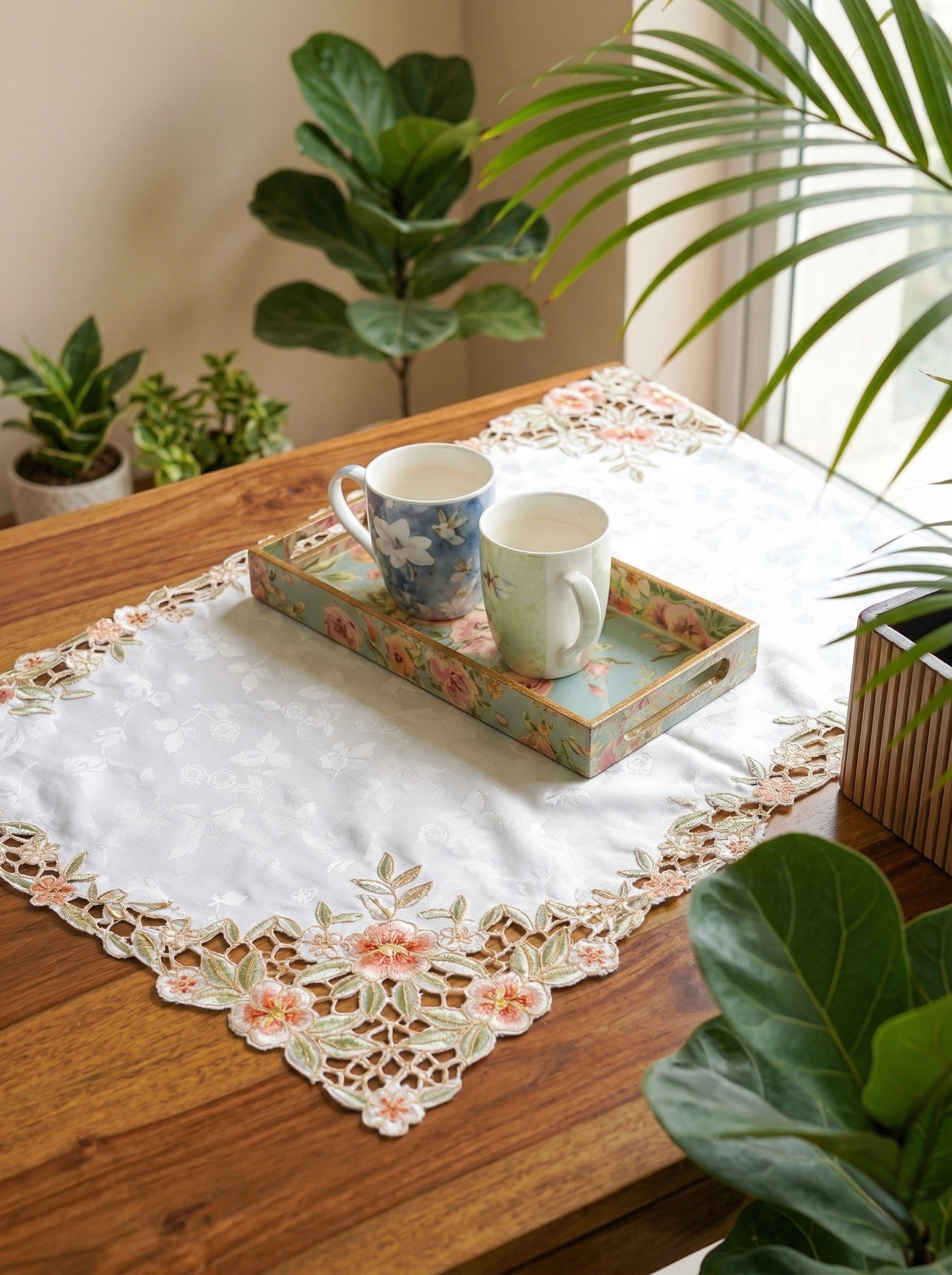 Pushp Lace Cutwork Satin Table Runner