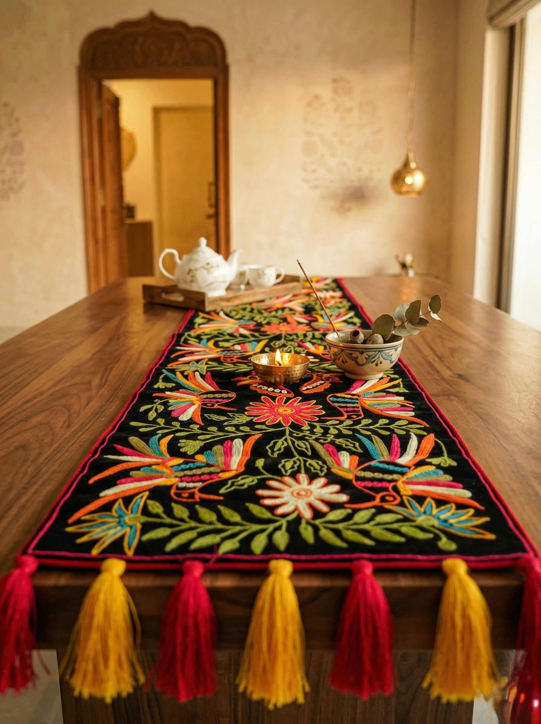 Pakshi Rang Embroidered Velvet Table Runner