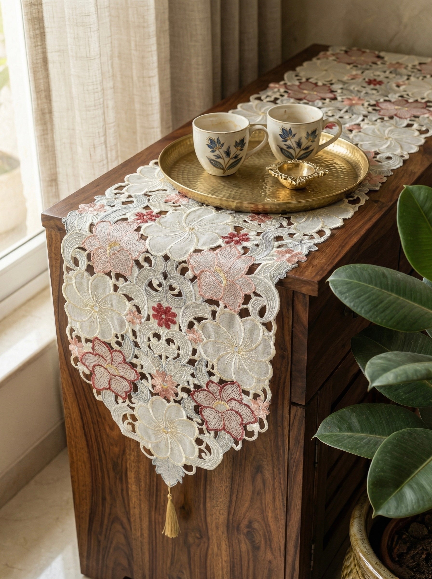 Phooljaal Tissue Embroidered Table Runner