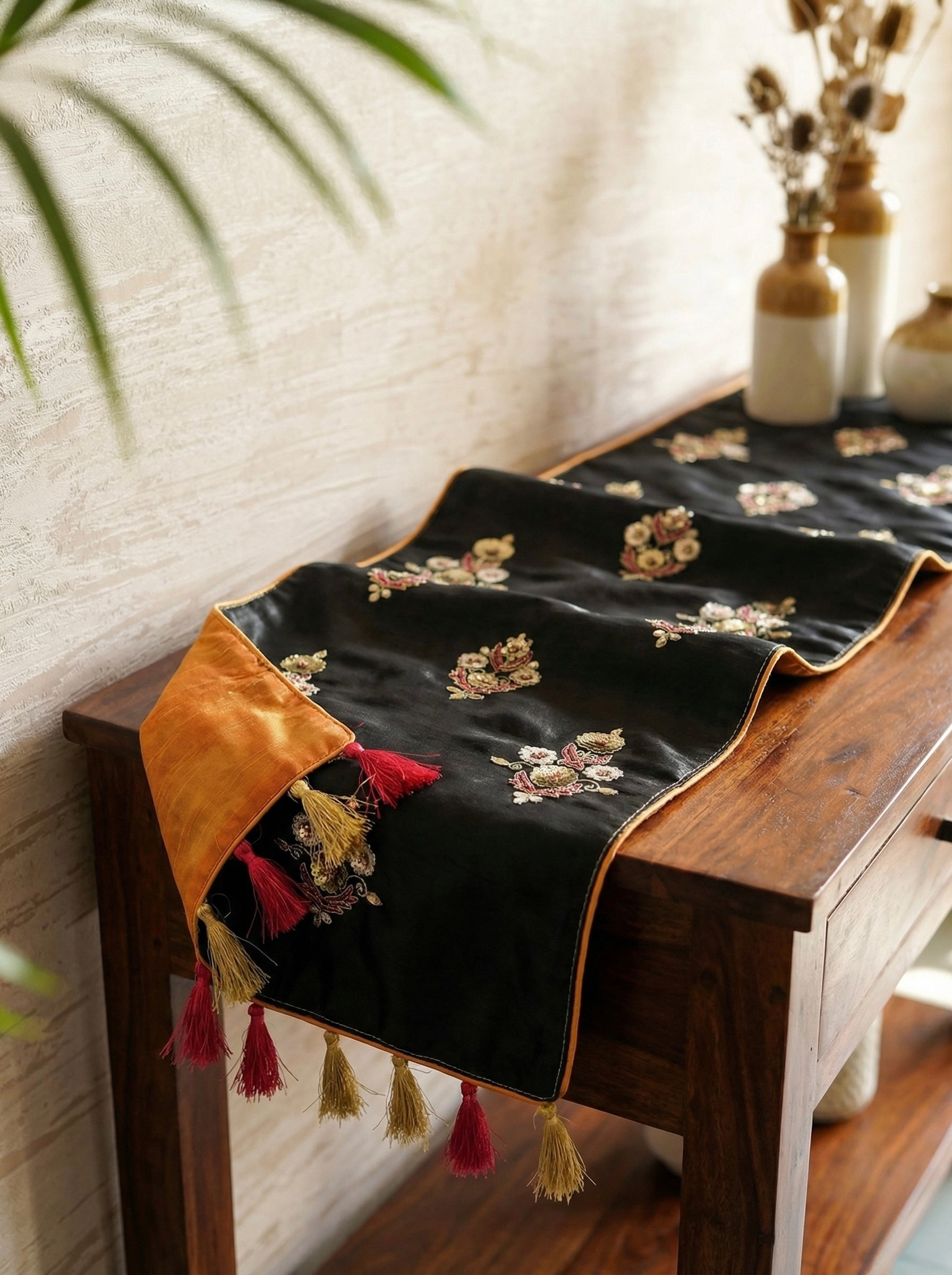 Awadhi Bloom Embroidered Silk Table Runner
