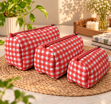 Red Quilted Cotton Pouch Set (Pack of 3)