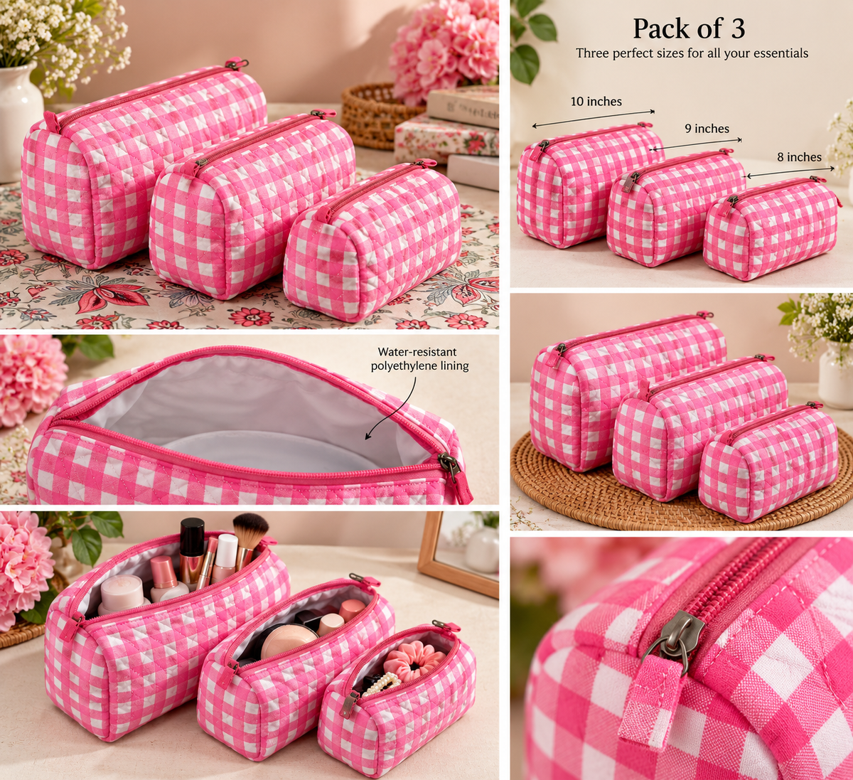 Pink Quilted Gingham Pouches ( Pack of 3 )