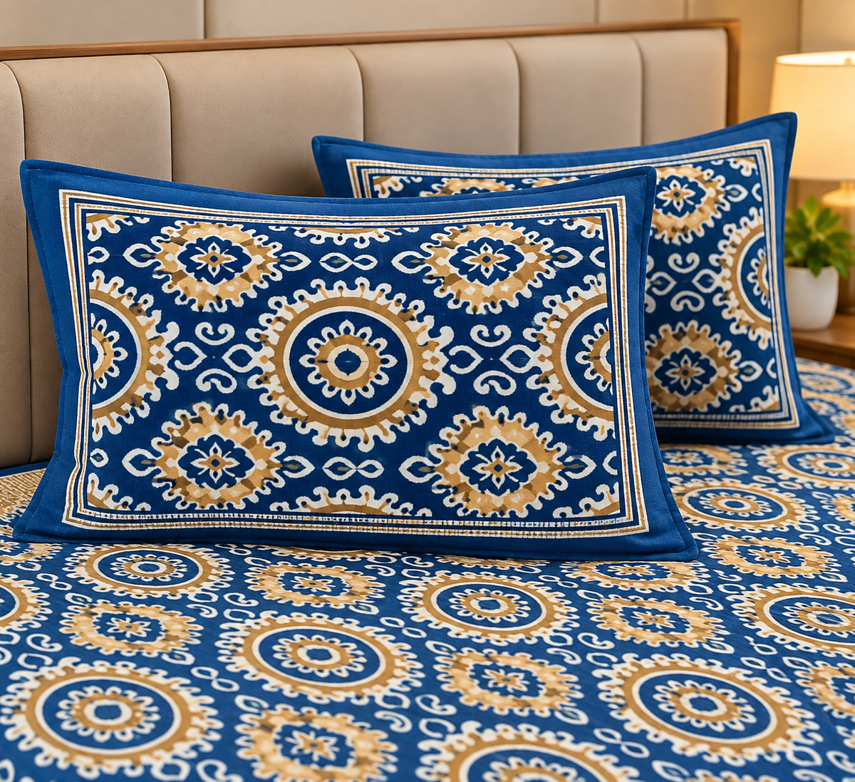 Blue & Beige Ikat Print Cotton Bedsheet