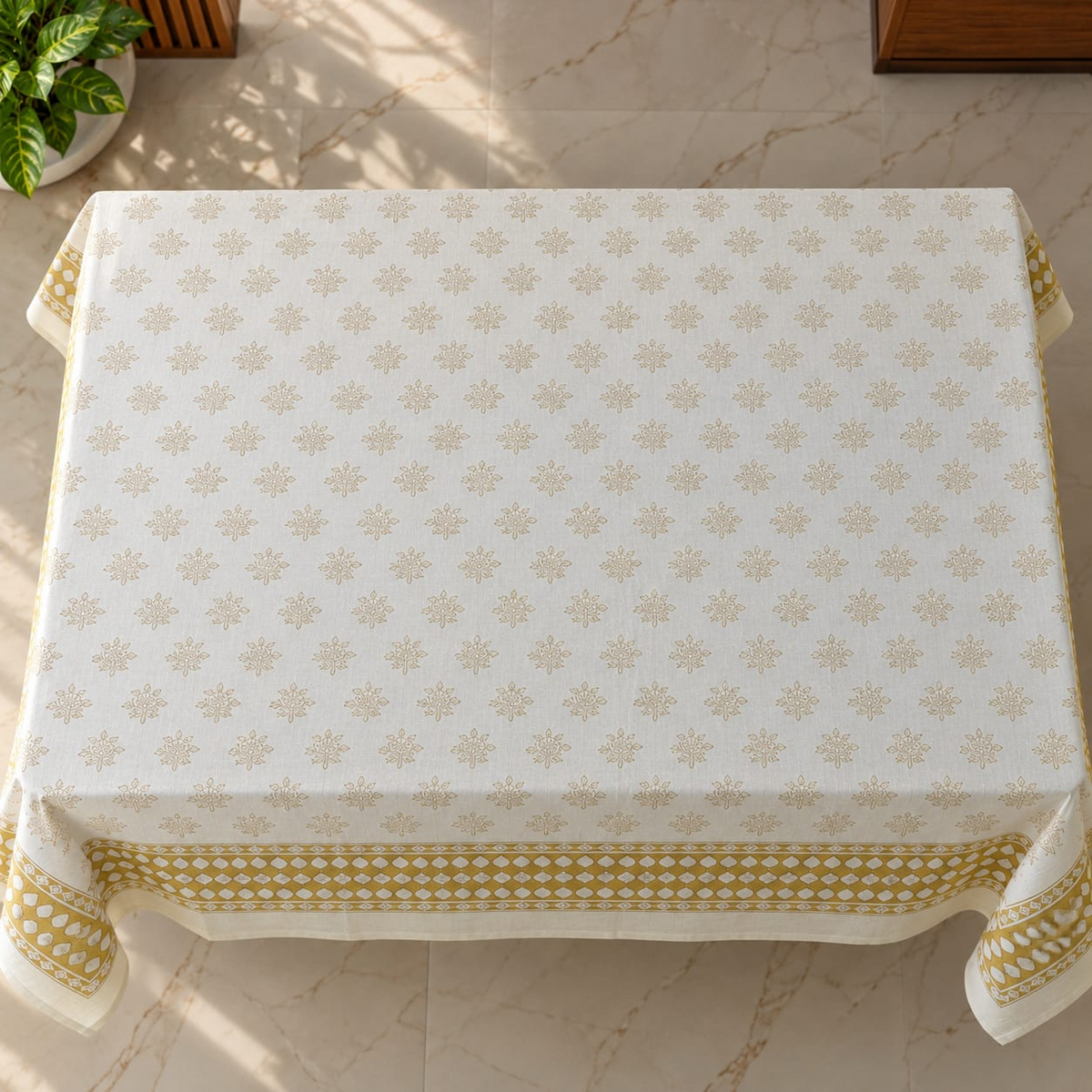 Golden Floral Printed Cotton Table (6 seater)