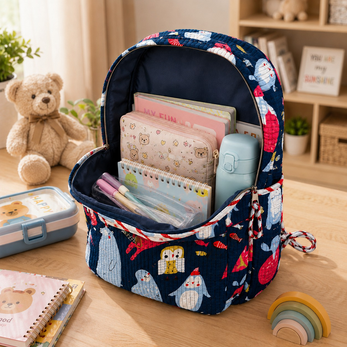Quilted Cotton Animal Print Backpack – Dark Blue