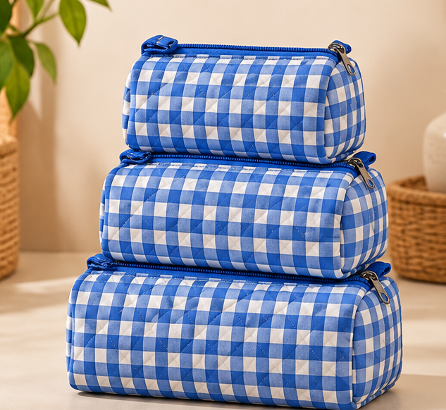 Blue Quilted Cotton Pouch Set (Pack of 3)