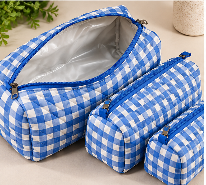 Blue Quilted Cotton Pouch Set (Pack of 3)