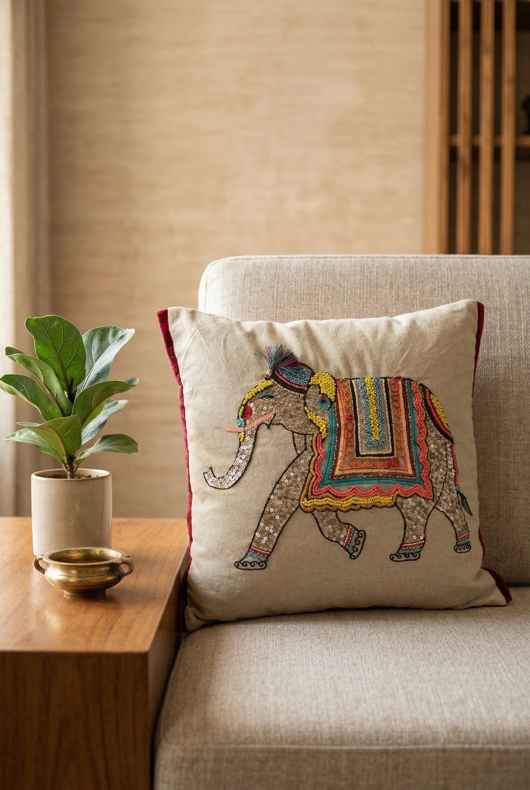Royal Elephant Embroidered Cushion Cover