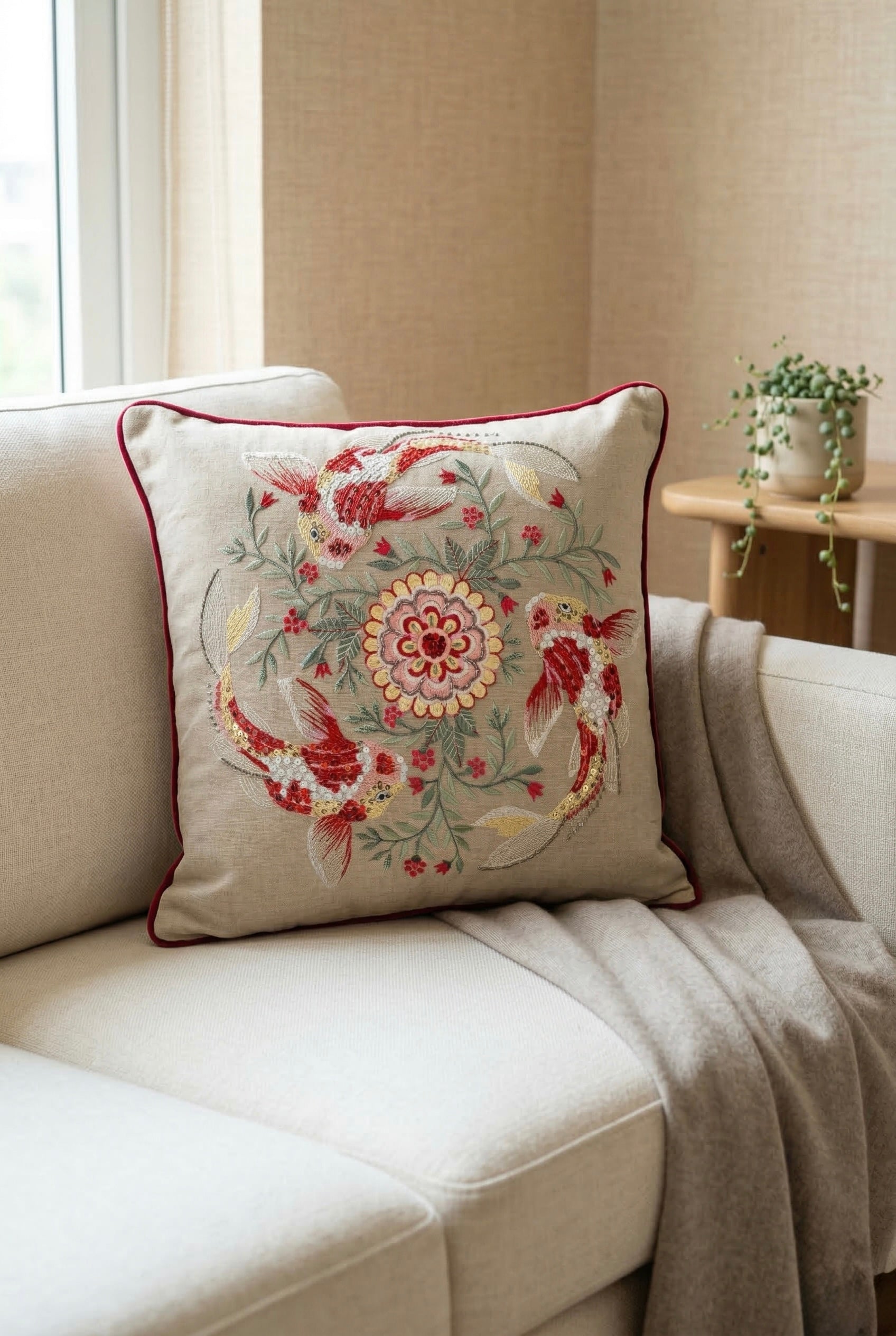 Koi Harmony Embroidered Cushion Cover