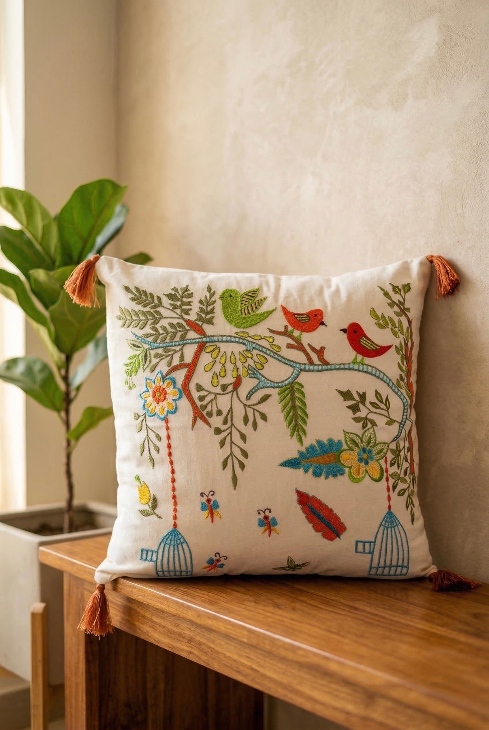 Chirpy Garden Embroidered Cushion Covers – Set of 2