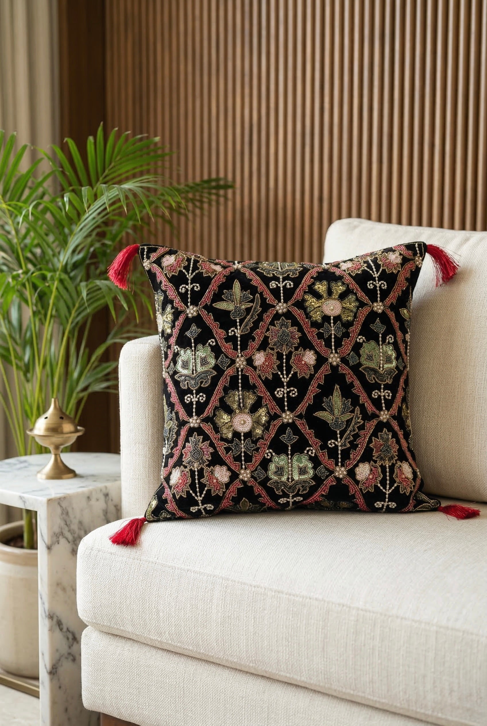 Regal Garden Zardozi Velvet Cushion Cover