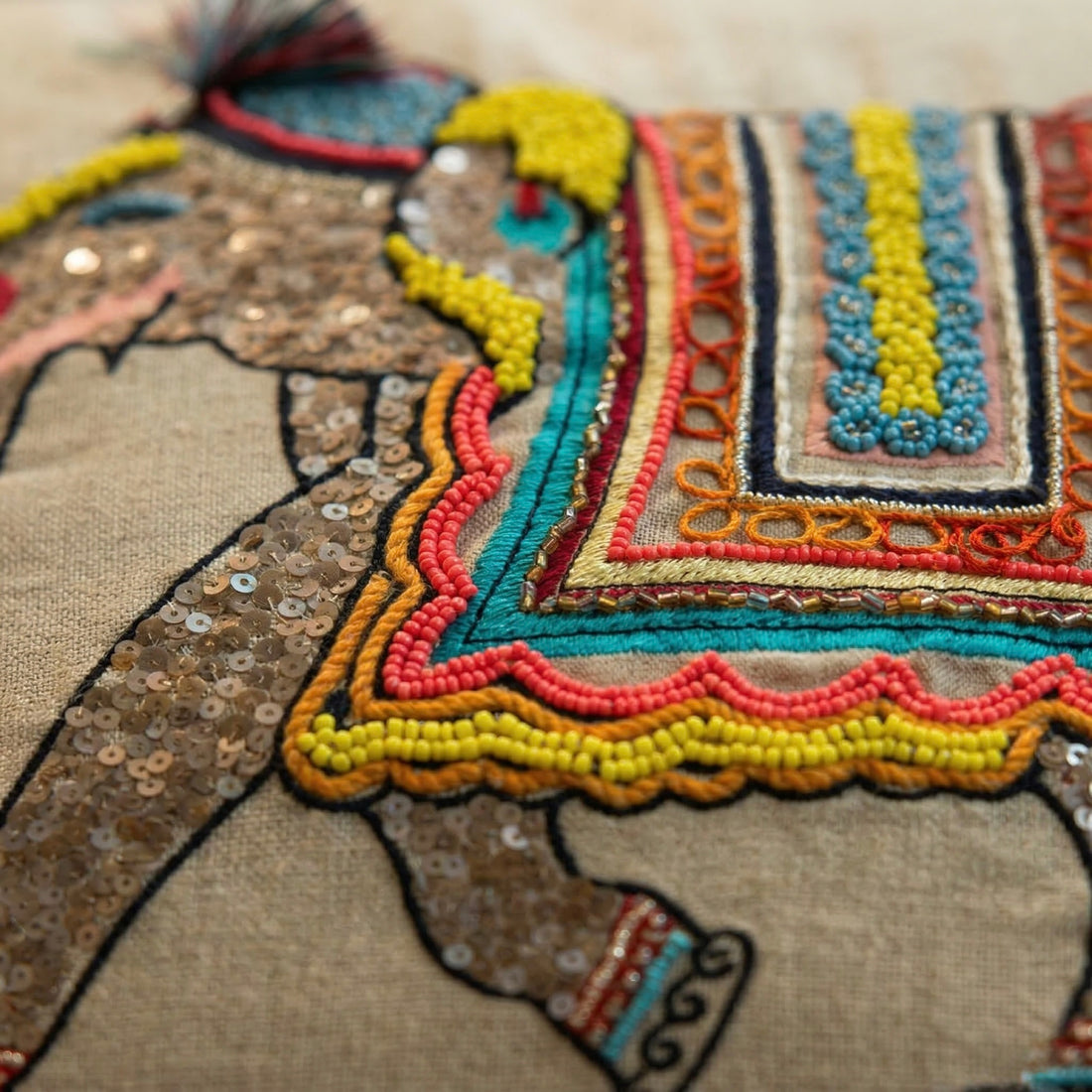 Royal Elephant Embroidered Cushion Cover