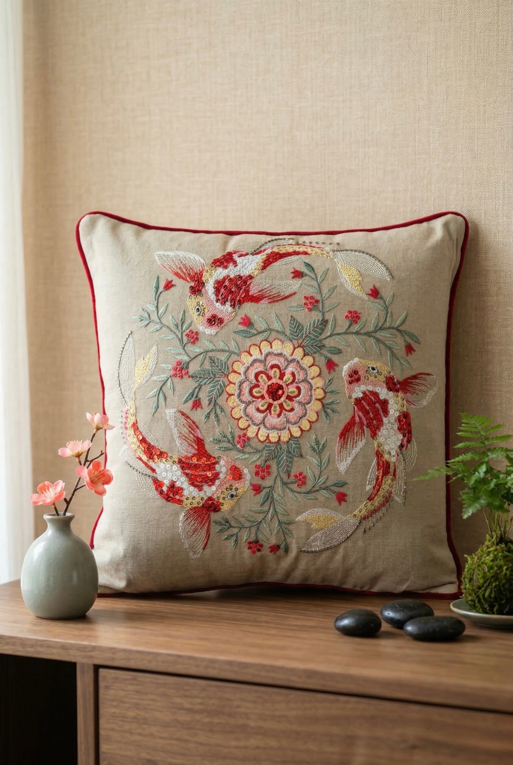 Koi Harmony Embroidered Cushion Cover
