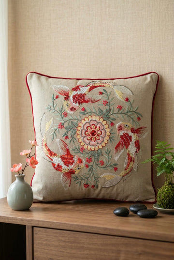 Koi Harmony Embroidered Cushion Cover