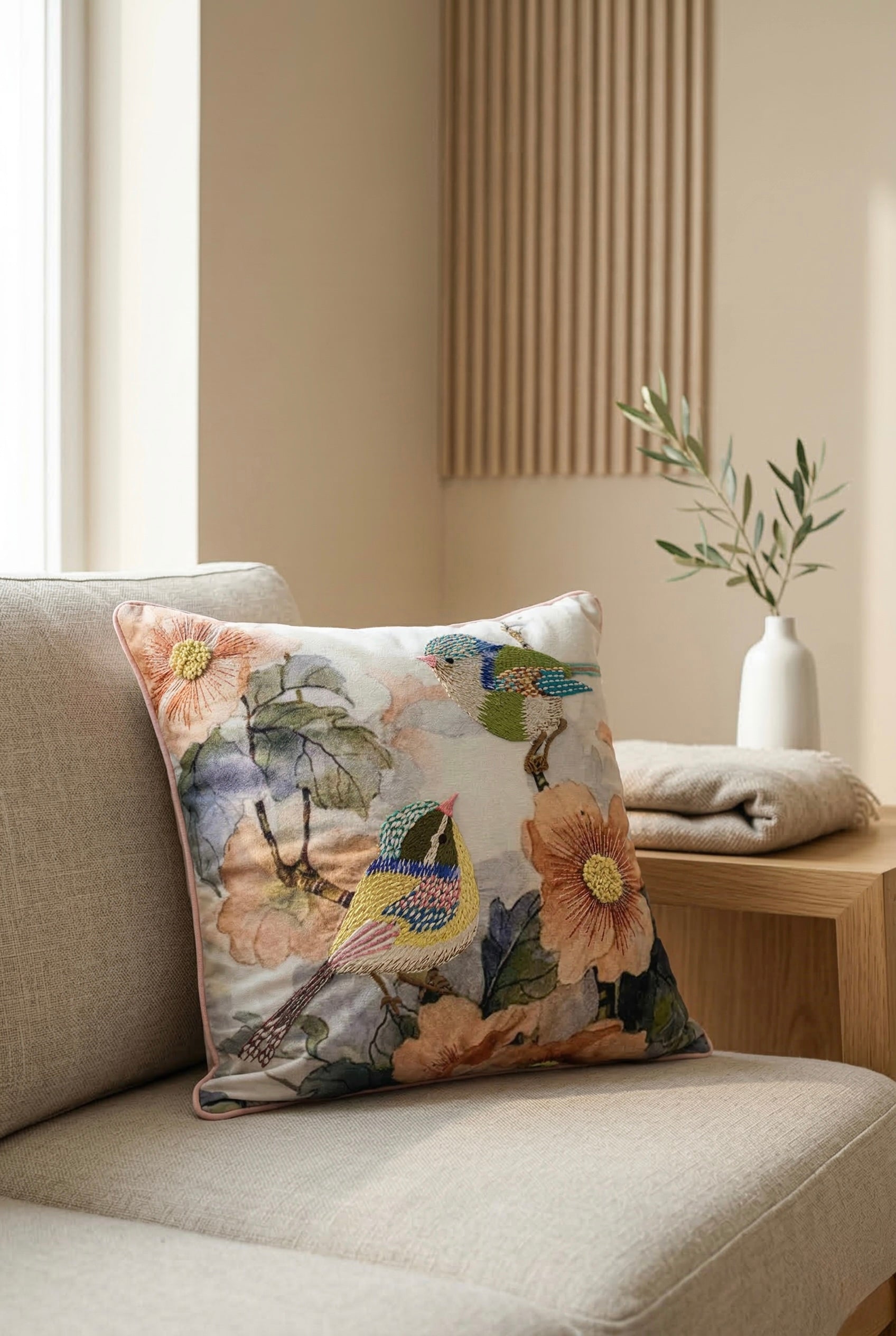 Whispering Songbird Embroidered Cushion Cover