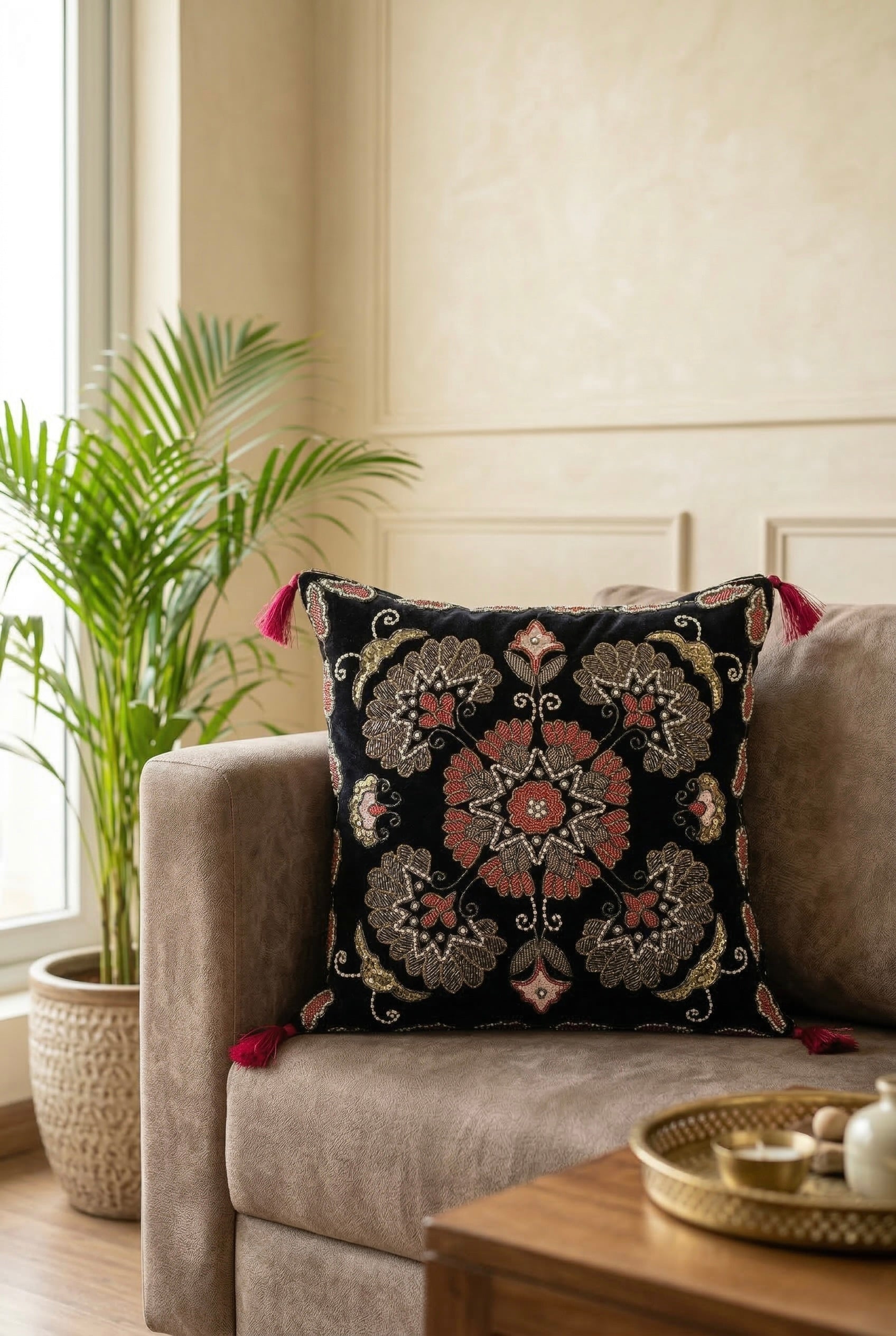 Royal Midnight Zardozi Velvet Cushion Cover