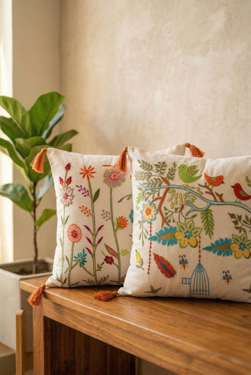 Chirpy Garden Embroidered Cushion Covers – Set of 2