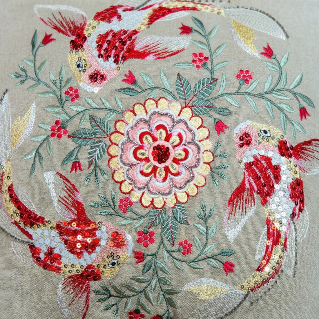 Koi Harmony Embroidered Cushion Cover
