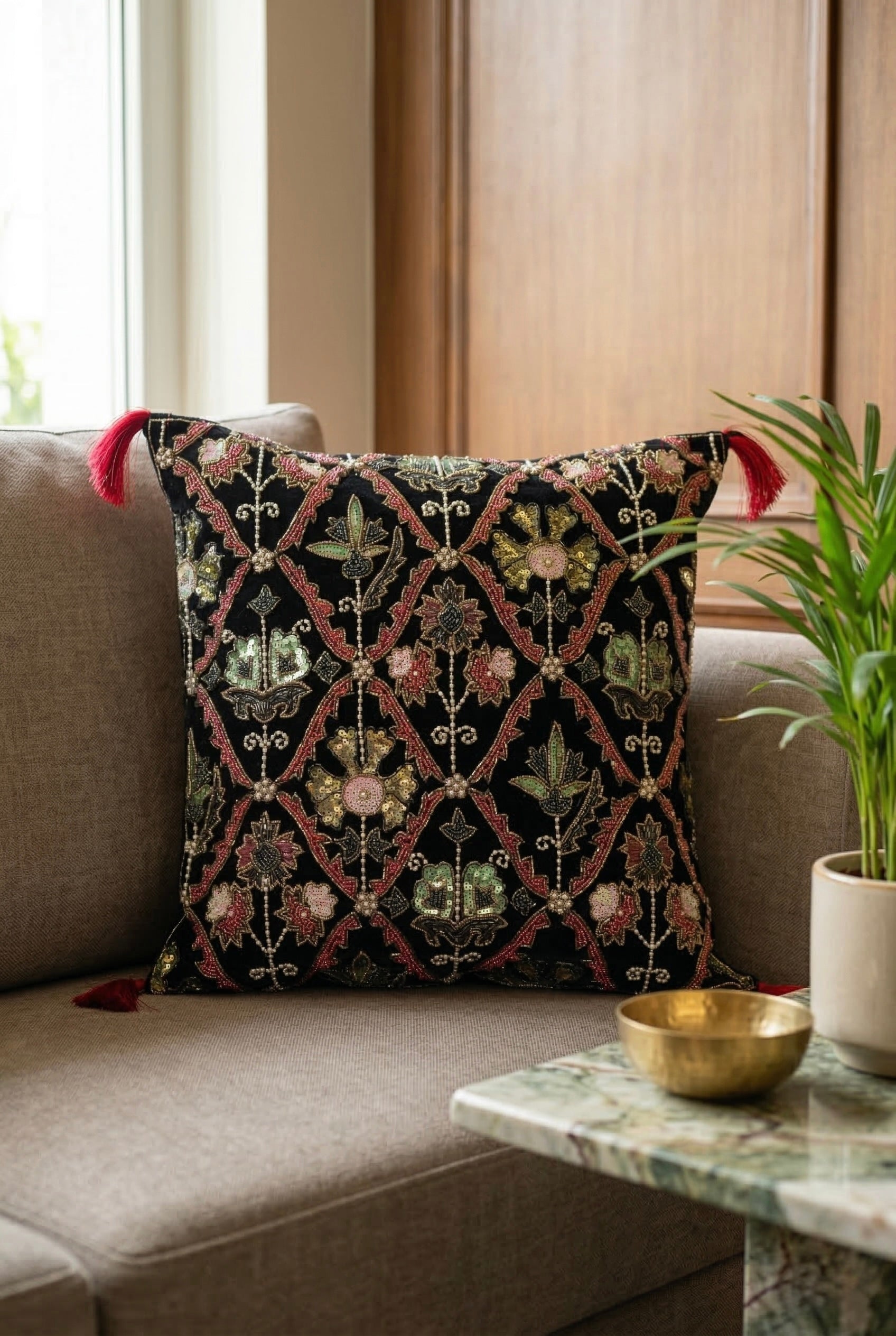 Regal Garden Zardozi Velvet Cushion Cover
