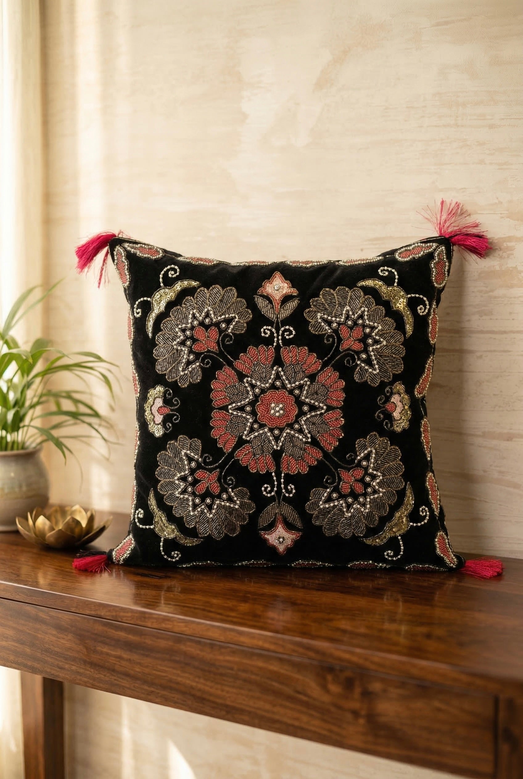 Royal Midnight Zardozi Velvet Cushion Cover