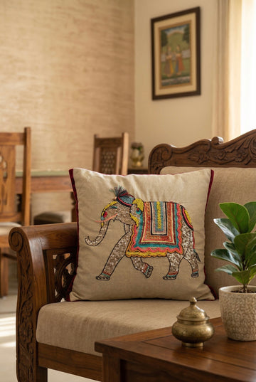 Royal Elephant Embroidered Cushion Cover