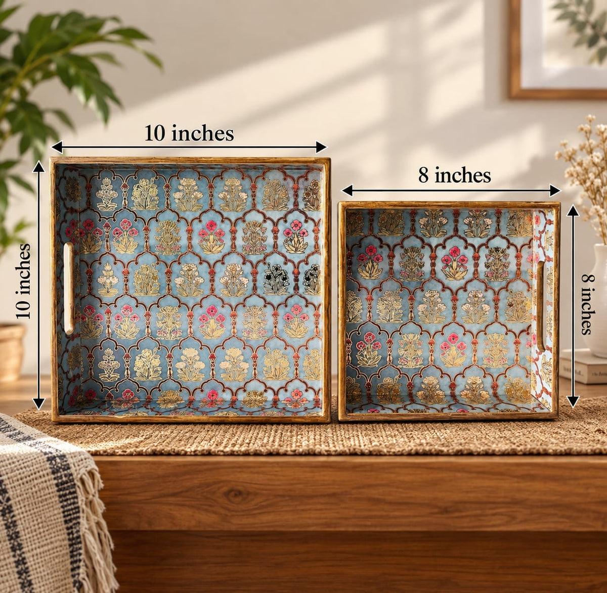 Royal Blue Floral Square Tray( Set of 2)