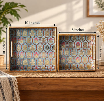 Royal Blue Floral Square Tray( Set of 2)