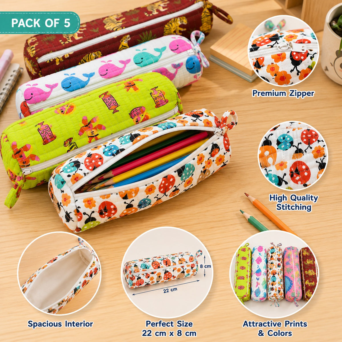 Handmade Printed Pencil Pouch (Set of 5)
